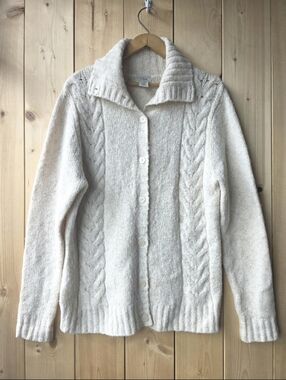 LLBean Cardigan Ivory Wool Blend Fisherman Cable Knit Grandma Womens Large